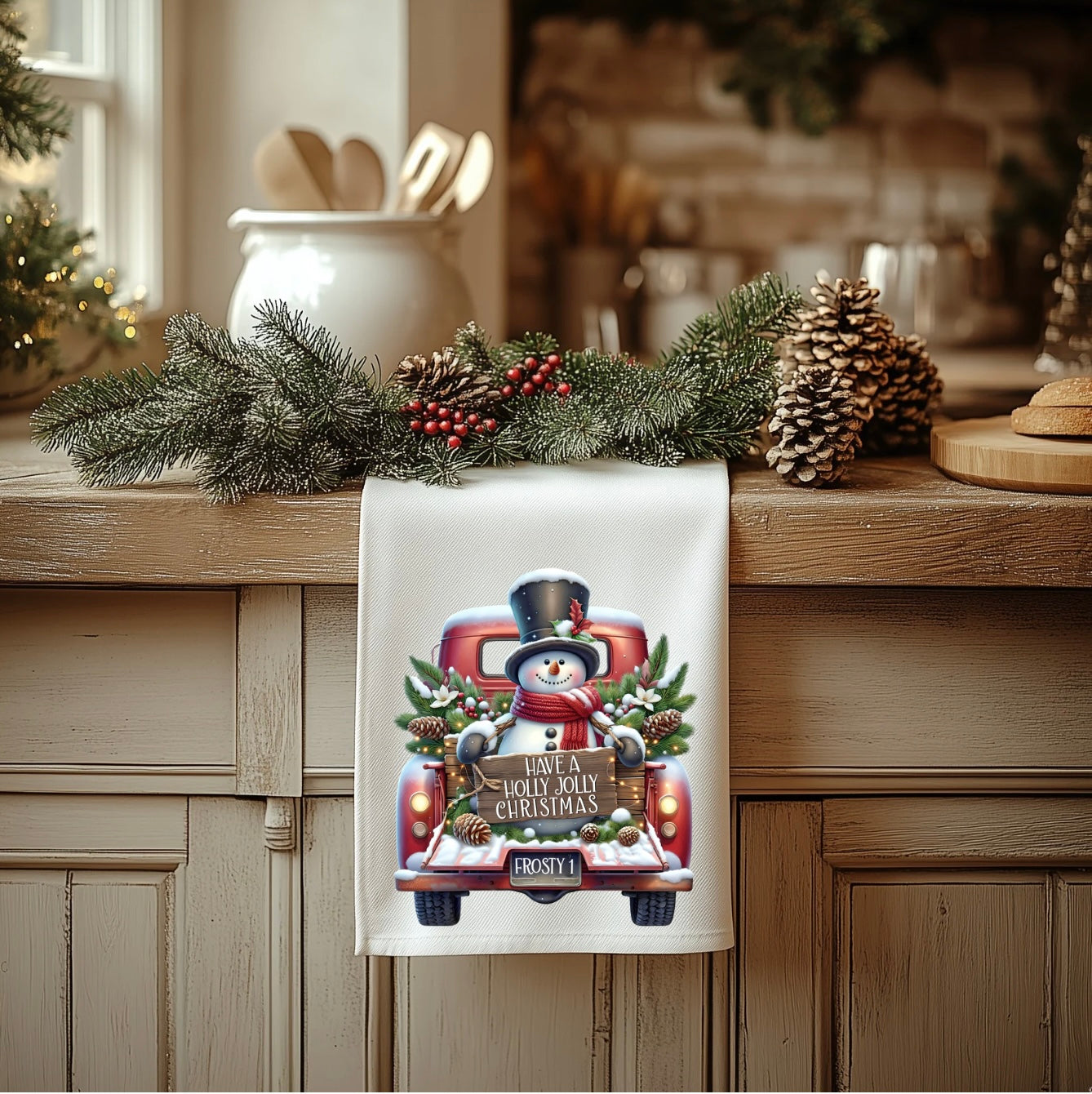 Charming Snowman & Red Truck Tea Towel - Festive 100% Polyester Kitchen Accessory