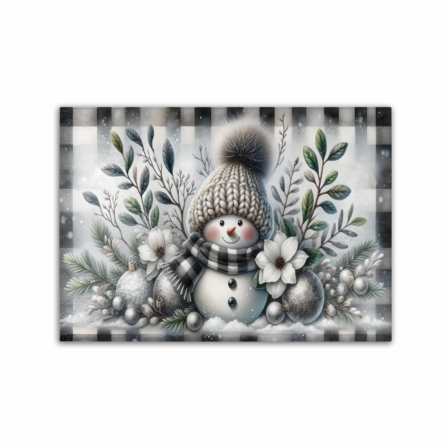 Snowman Plaid Tempered Glass Cutting Board 2 Sizes Available