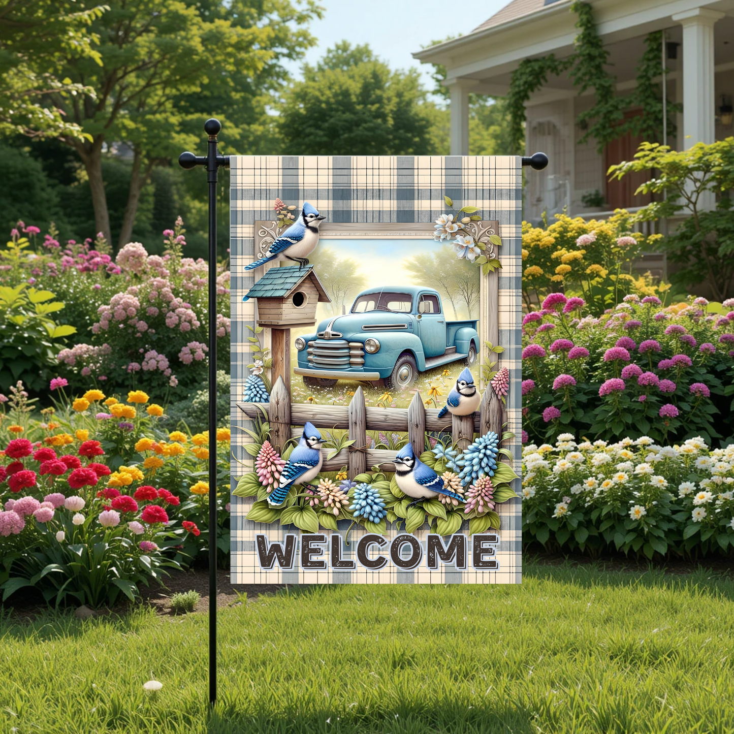 Vintage Truck and Bluebird Welcome Garden Flag