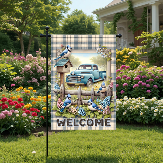 Vintage Truck and Bluebird Welcome Garden Flag
