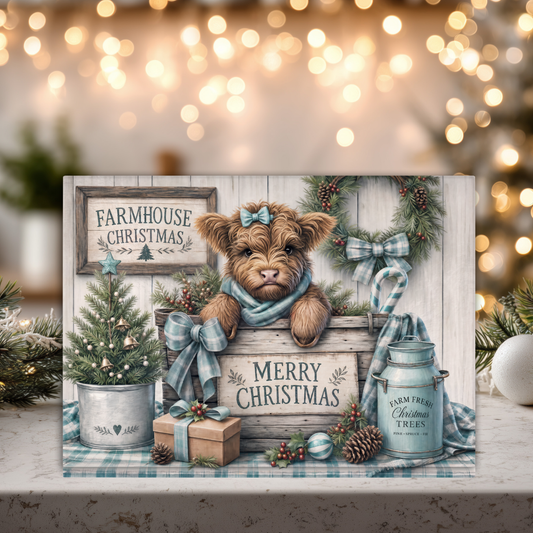 Farmhouse Christmas Highland Cow Tempered Glass Cutting Board 15x11