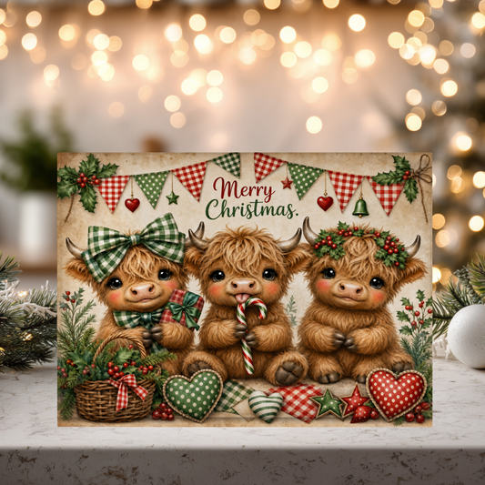 Highland Cow Farmhouse Christmas Tempered Glass Cutting Board 15x11