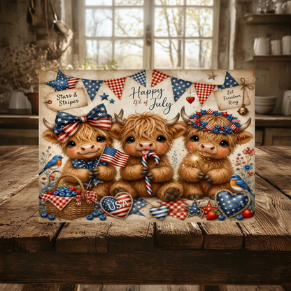 4th of July Highland Cow Tempered Glass Cutting Board, Kitchen Decor, Serving Tray, 2 Sizes