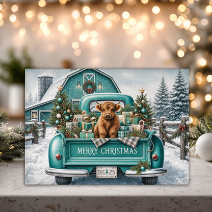 Highland Cow Teal Christmas Tempered Glass Cutting Board 15x11