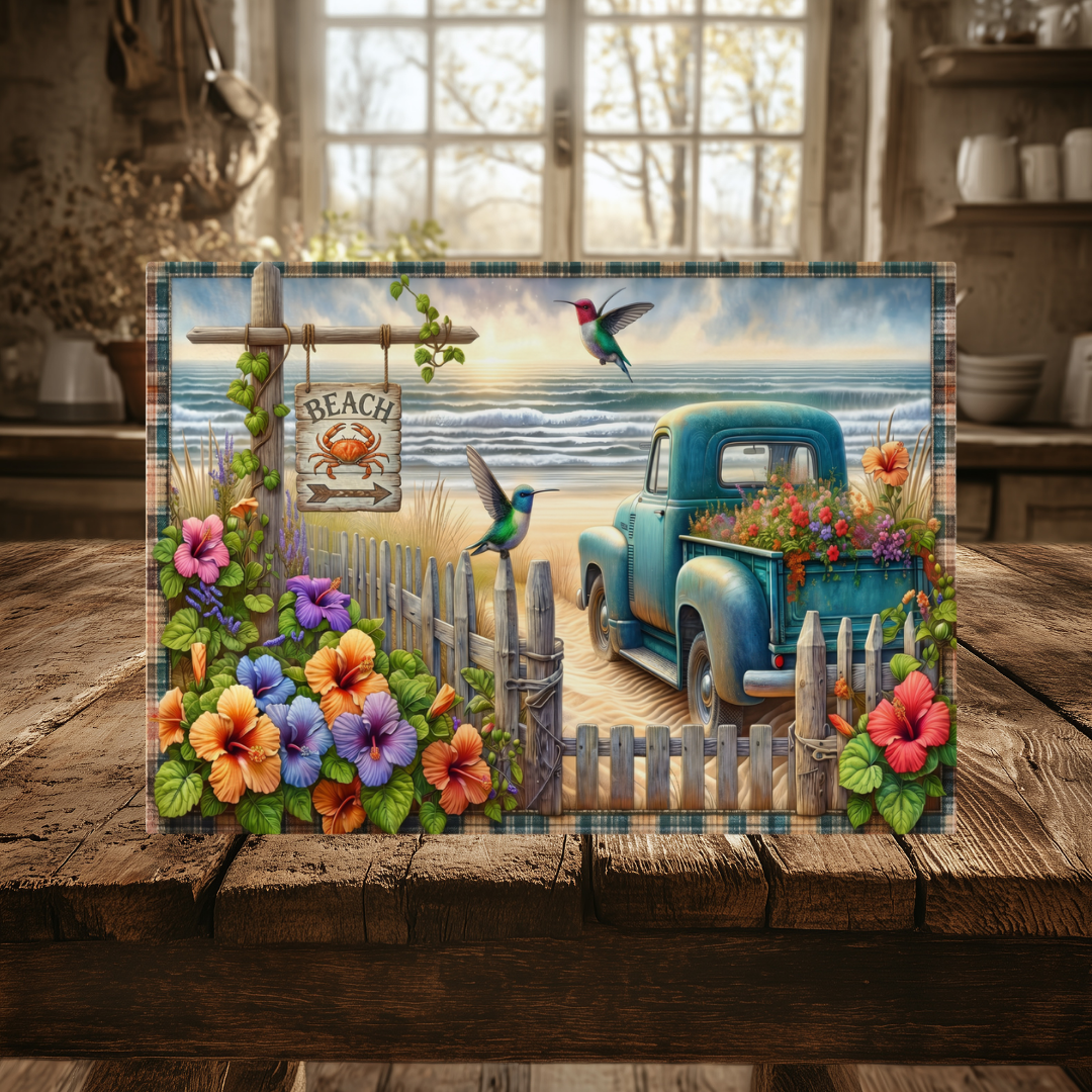 Beach Hummingbird Floral Truck Design, Tempered Glass Cutting Board, 2 Sizes, Serving Tray, Charcuterie Board, Kitchen Decor