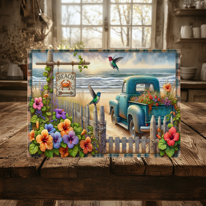Beach Hummingbird Floral Truck Design, Tempered Glass Cutting Board, 2 Sizes, Serving Tray, Charcuterie Board, Kitchen Decor