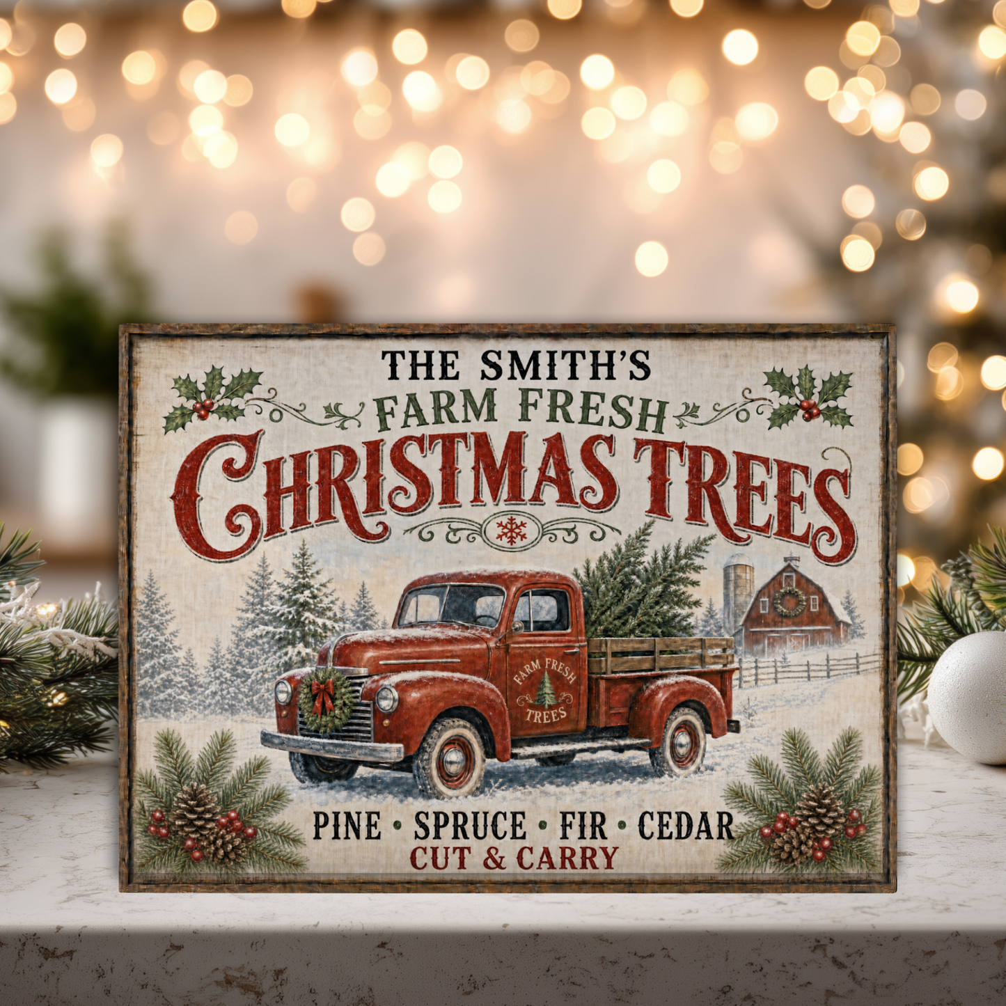 Personalized Farm Fresh Christmas Trees Glass Cutting Board 15x11 in