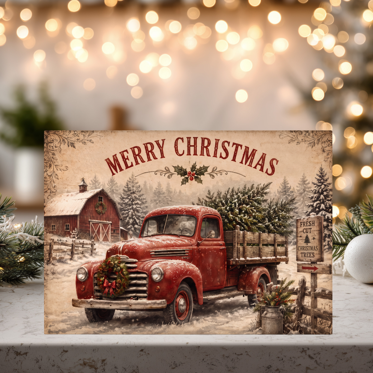 Merry Christmas Red Truck Tempered Glass Cutting Board 15" x 11"
