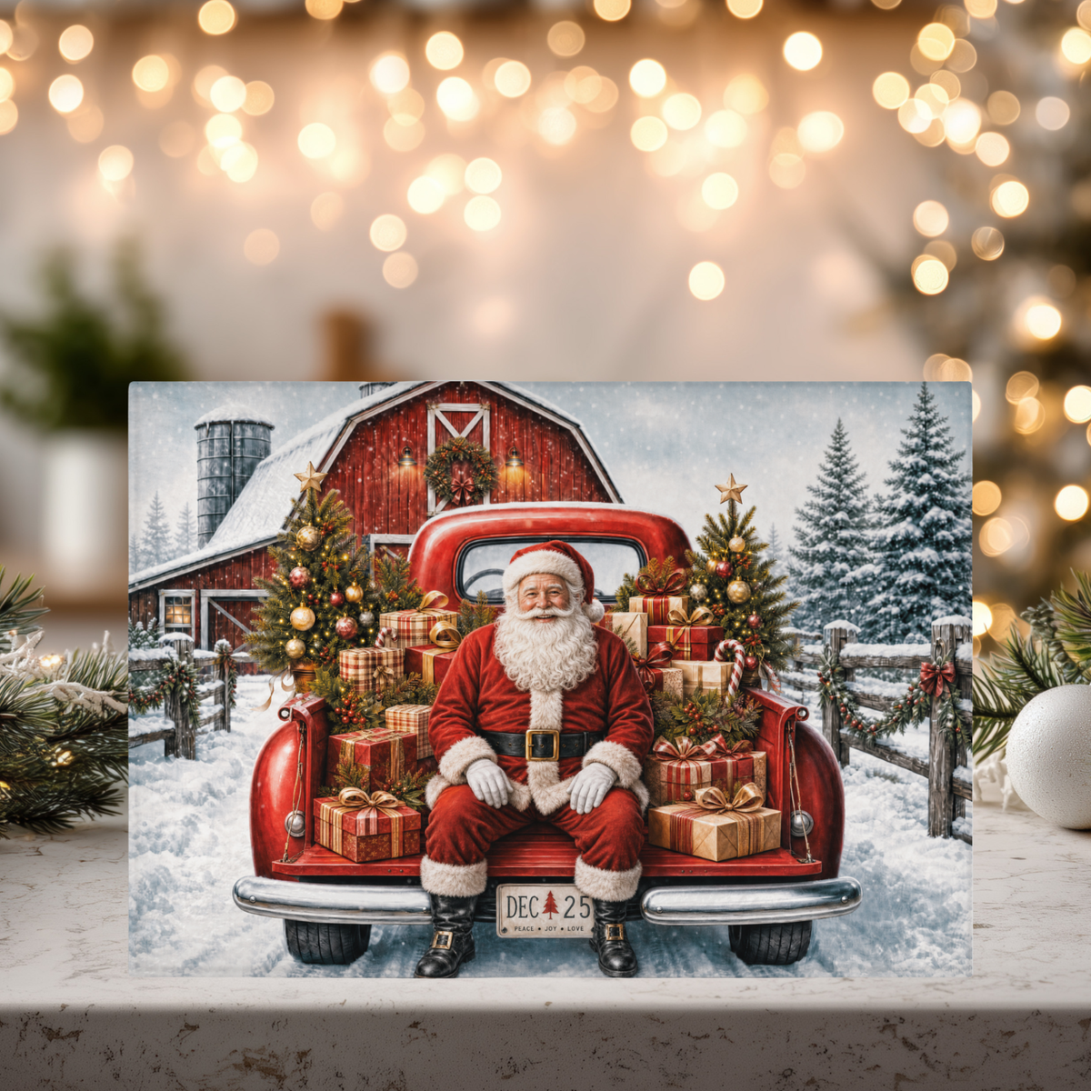 Santa Red Truck Christmas Tempered Glass Cutting Board 15" x 11"