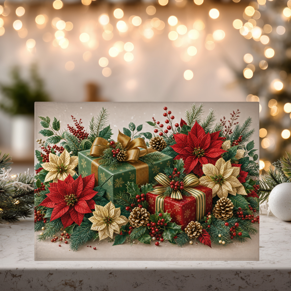 Christmas Poinsettia Tempered Glass Cutting Board 15" x 11"