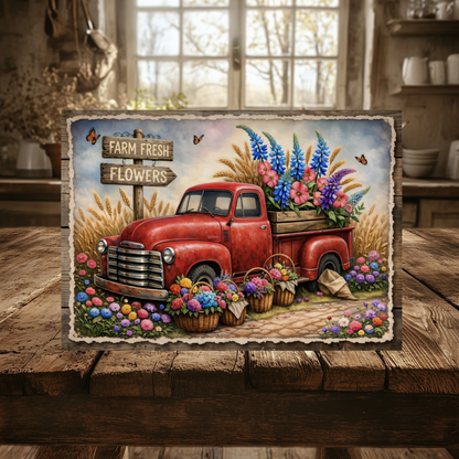 Farm Fresh Flowers Tempered Glass Cutting Board, 2 Sizes, Vintage Red Truck Kitchen Decor, Charcuterie Board, Serving Tray with Anti-Slip Feet