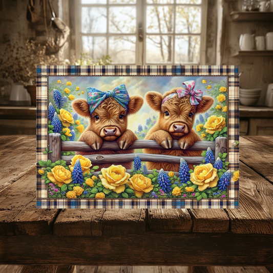 Highland Cow Floral Plaid Tempered Glass Cutting Board, 2 Sizes,  Kitchen Decor, Serving Tray, Charcuterie Board
