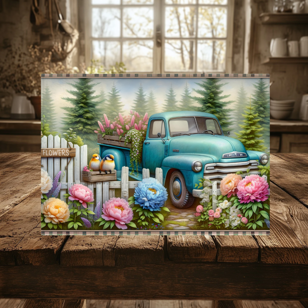 Vintage Teal Truck Floral Garden Tempered Glass Cutting Board, 2 Sizes,  Kitchen Decor, Serving Tray, Charcuterie Board