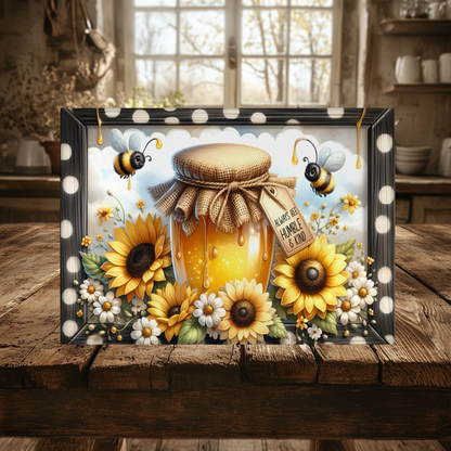 Tempered Glass Cutting Board with Honey Jar and Sunflower Design, 2 Sizes, Kitchen Decor Serving Tray and Charcuterie Board