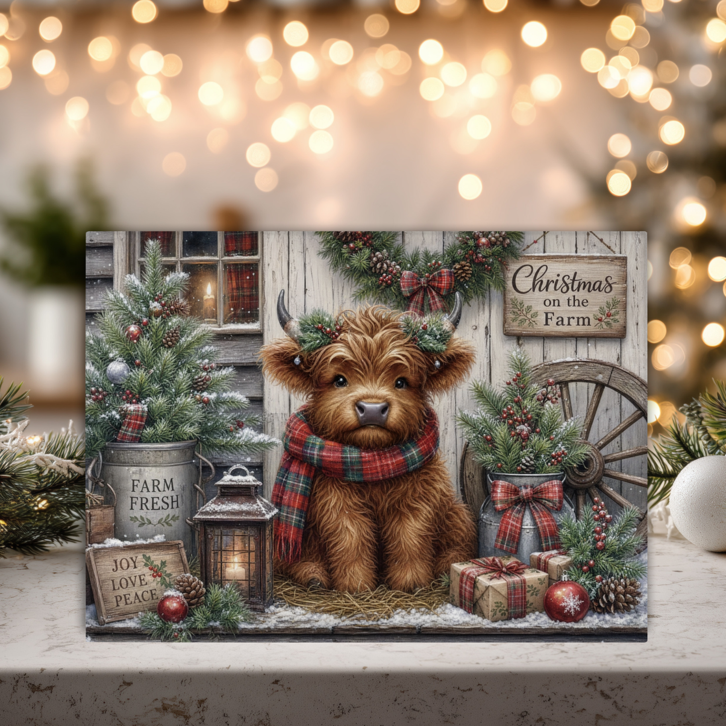 Christmas Highland Cow Tempered Glass Cutting Board 15" x 11"