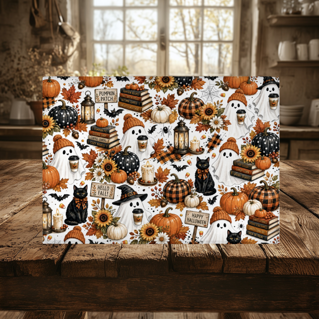 Halloween Tempered Glass Cutting Board 15” x 11” - Cozy Ghost Decor