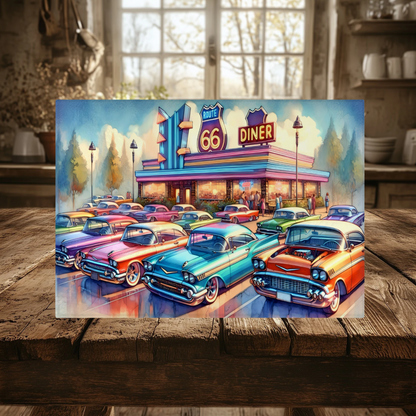 Route 66 Diner Tempered Glass Cutting Board, Retro Classic Cars Theme, Kitchen Decor, Serving Tray, 2 Sizes