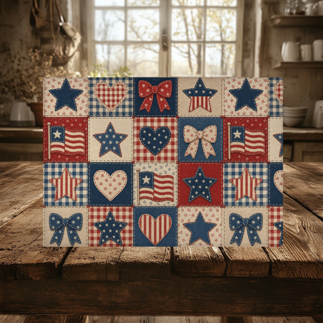Patriotic Patchwork Tempered Glass Cutting Board, American Flag Stars Hearts Design, Kitchen Decor, Serving Tray, 2 Sizes
