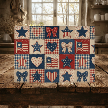Patriotic Patchwork Tempered Glass Cutting Board, American Flag Stars Hearts Design, Kitchen Decor, Serving Tray, 2 Sizes