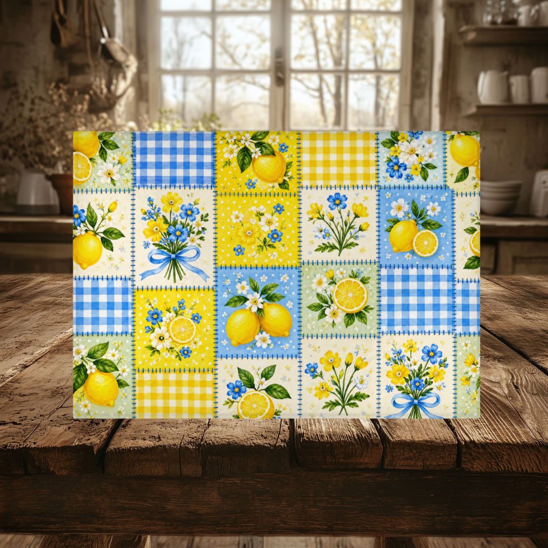 Lemon Floral Patchwork Tempered Glass Cutting Board 15x11 in