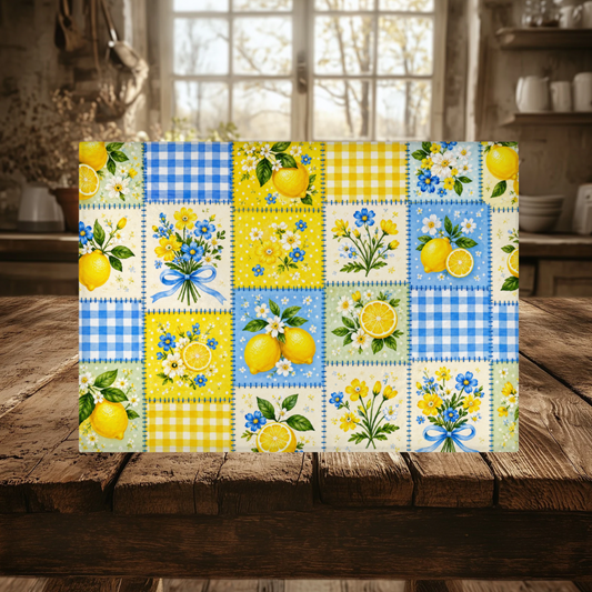 Lemon Floral Patchwork Tempered Glass Cutting Board 15x11 in