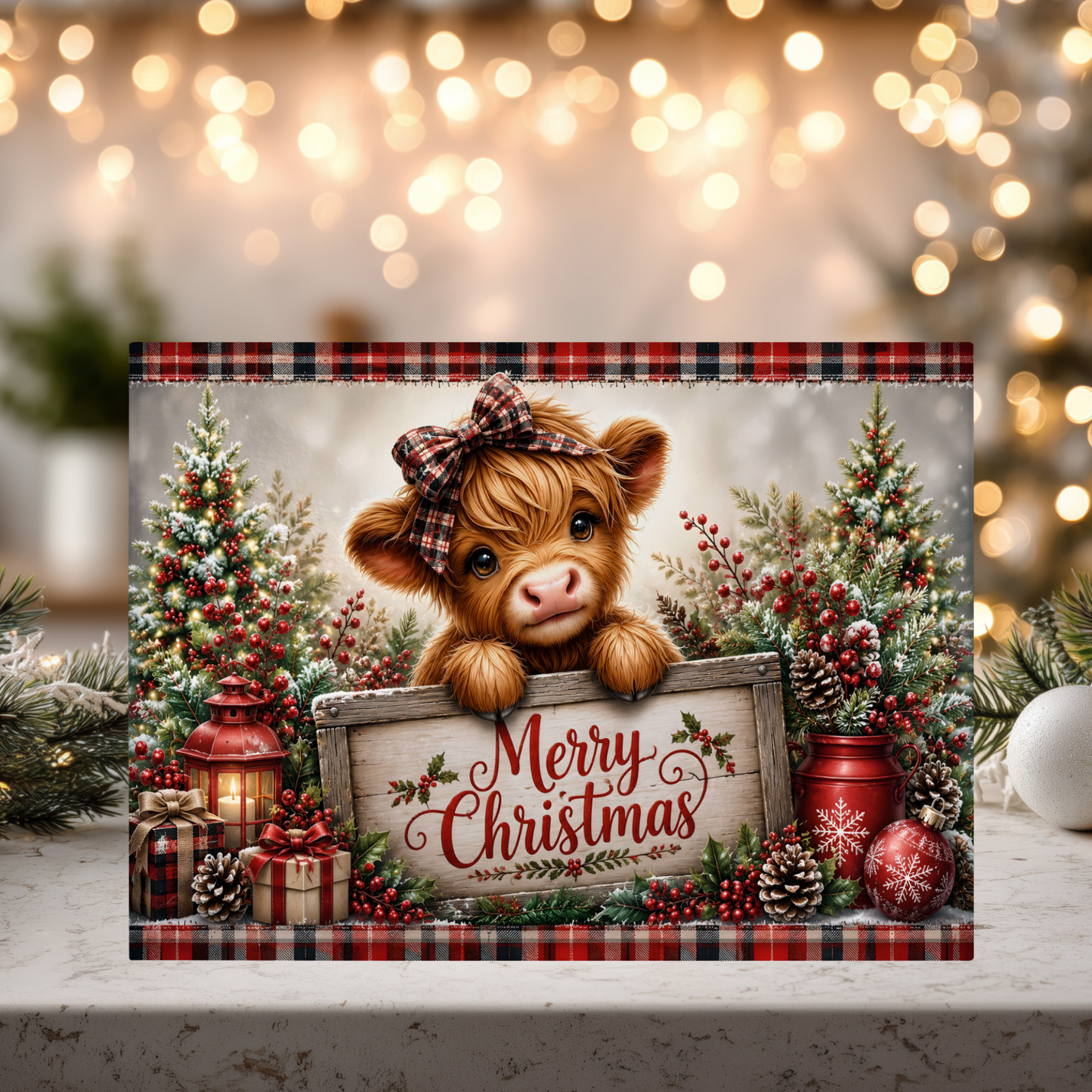 Plaid Highland Cow Merry Christmas Glass Cutting Board 15x11