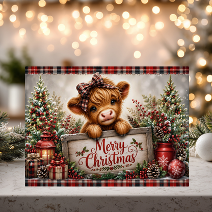 Plaid Highland Cow Merry Christmas Glass Cutting Board 15x11